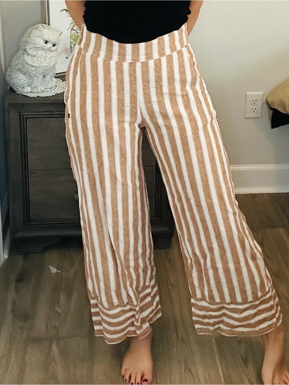Roxy Beige & White Striped Wide-Leg Linen-Blend Pants